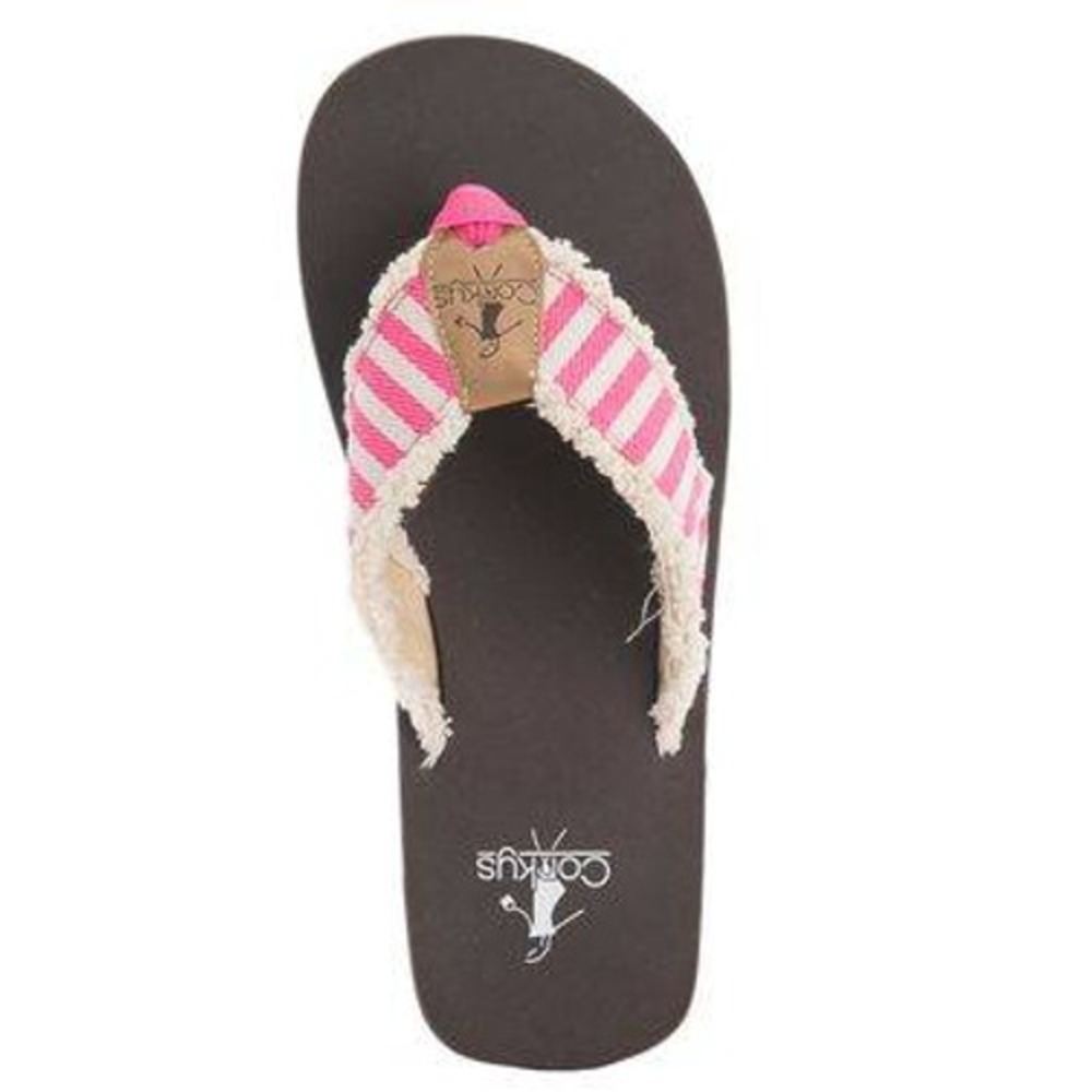 Corkys Red White Striped Frayed Canvas‎ Flip Flops Sandals Beach Summer - Size 6